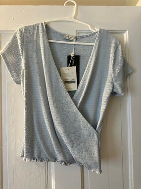 Paper Crane Pale Blue Textured Wrap-Front Crop Top